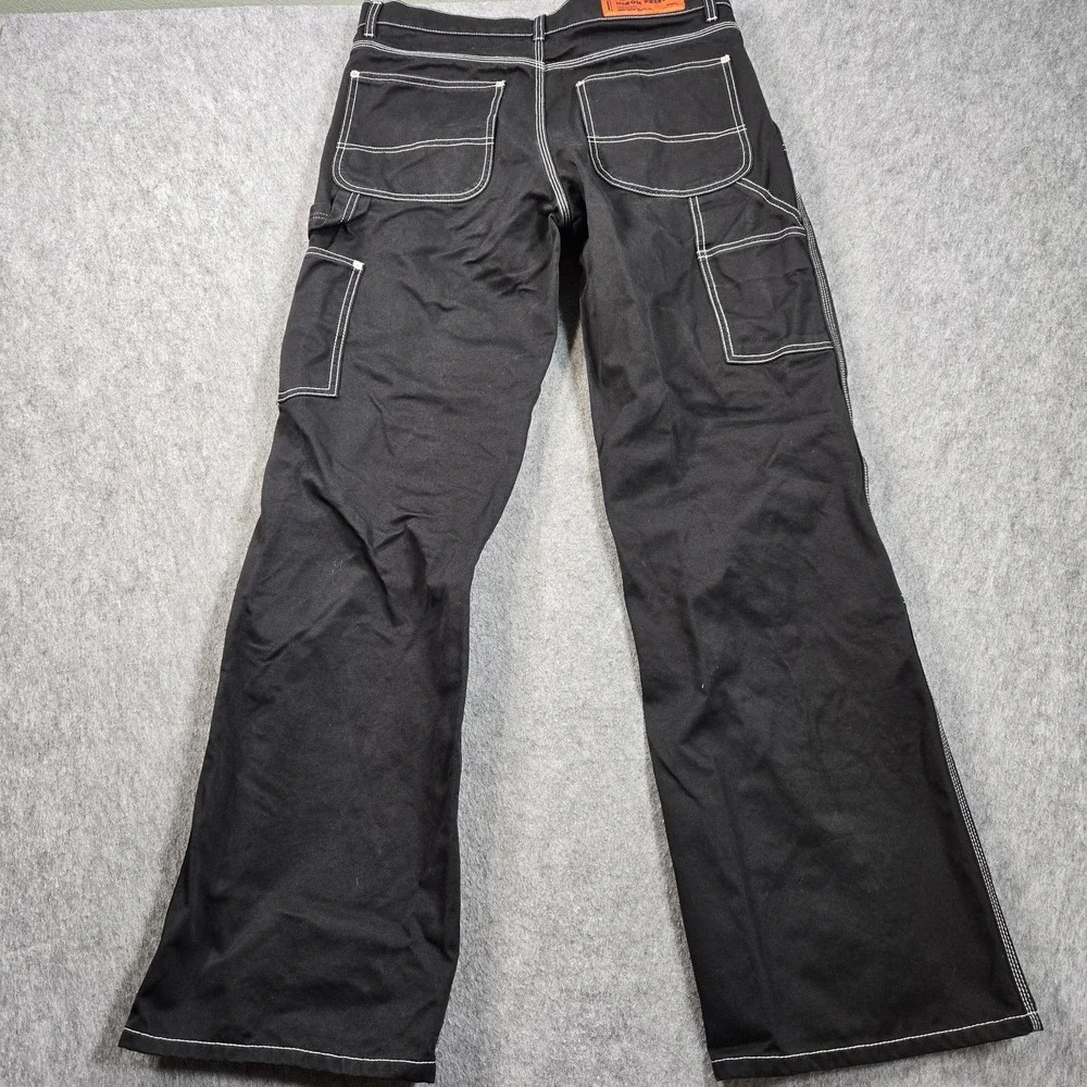 Heron Preston Pants Mens L 34x33 Black Carpenter Cargo Wide Leg Contrast Stitch